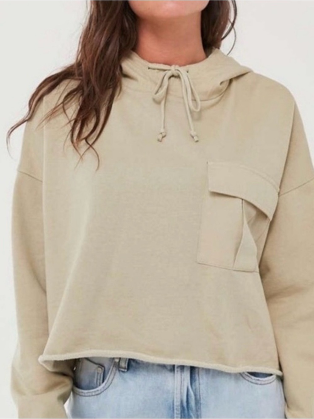 Urban Outfitters Sand Cropped Hooded Pocket Sweatshirt